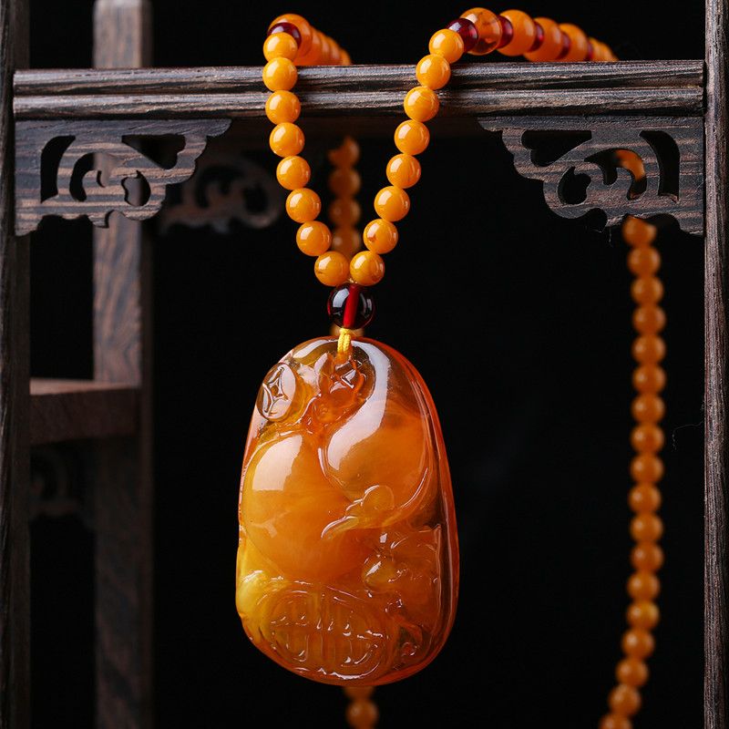 Amber Beeswax Necklace Women's Yellow Chicken Grease Old Wax Water Drop Pendant Sweater Chain Long Men's and Women's Ethnic Style Carving Ornament