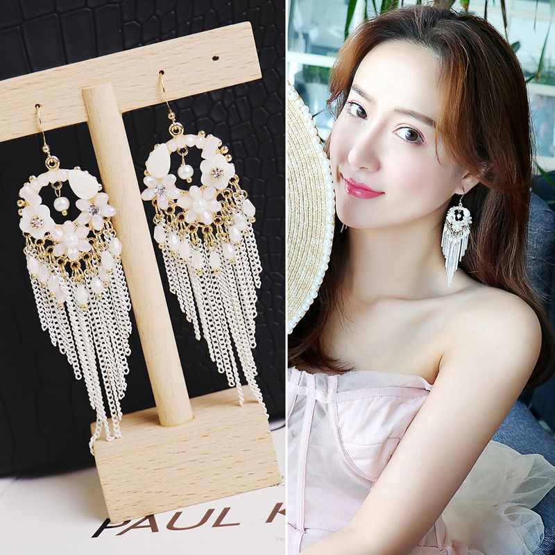 Bohemian Ethnic Style Temperamental Fairy White Earrings Long Fringed Pearl Handmade Earrings Female Accessories