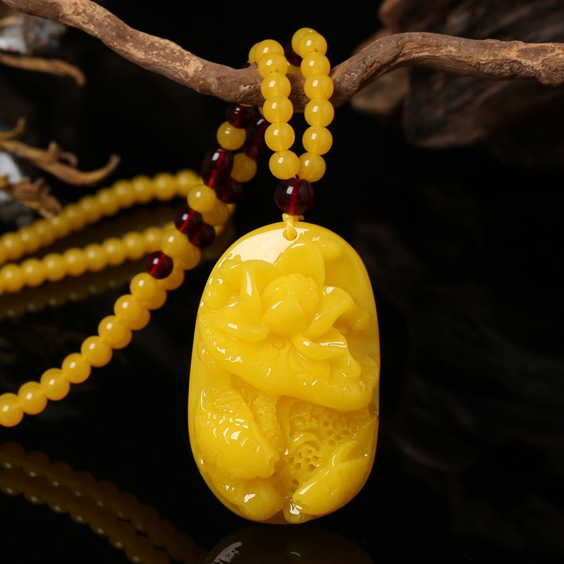 Old Beeswax Pendant Men's and Women's Long Ethnic Style Carved Necklace Yellow Chicken Grease Water Drop Sweater Chain Pendant Accessories
