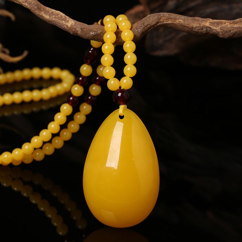 Old Beeswax Pendant Men's and Women's Long Ethnic Style Carved Necklace Yellow Chicken Grease Water Drop Sweater Chain Pendant Accessories