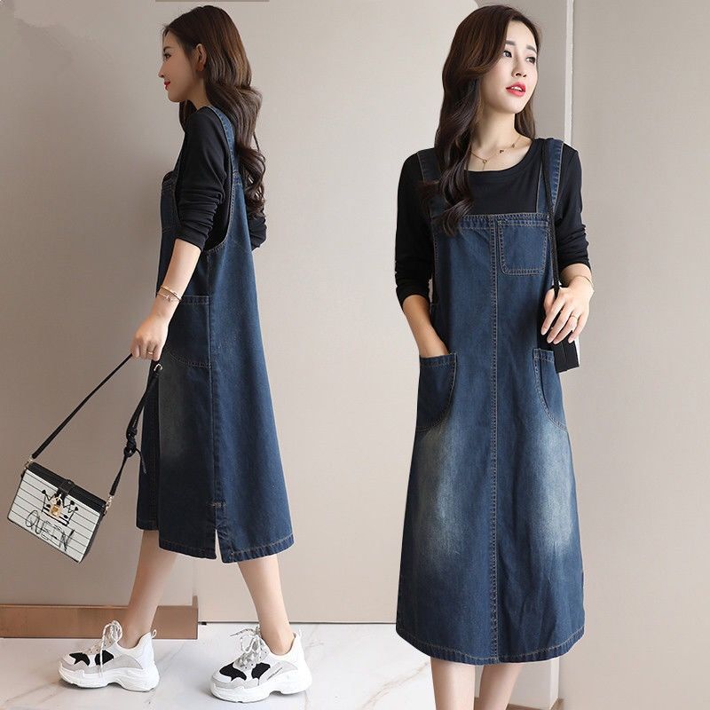 denim suspender skirt women‘s summer new women‘s clothing 2024 korean style loose casual mid-length two-piece set dress fashion