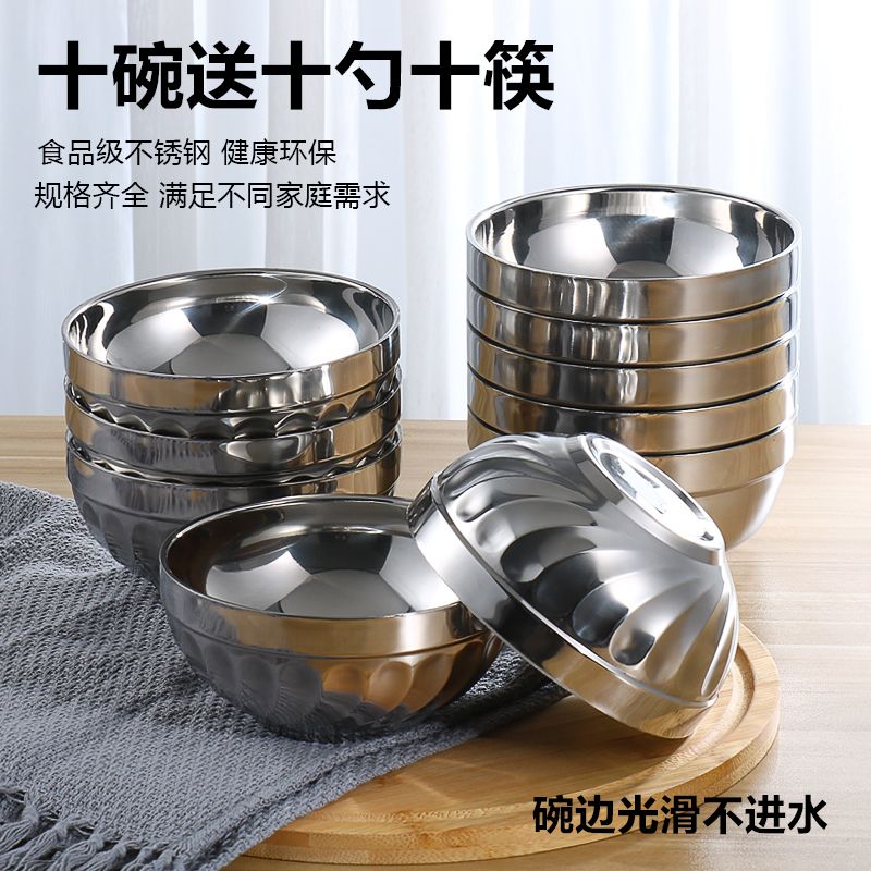 stainless steel bowl large instant noodle bowl canteen household bowl double-layer heat insulation children adult bowl set salad bowl suit spoon chopsticks