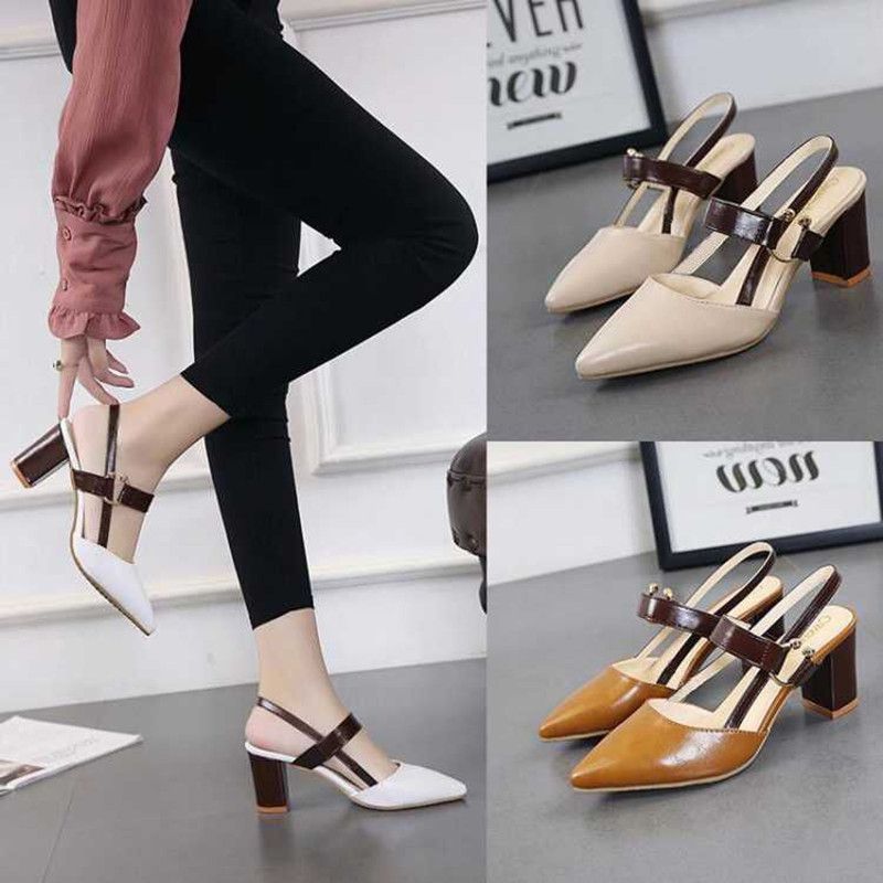 women‘s outer closed toe sandals spring/summer new single layer shoes women‘s pointed toe women‘s chunky heels mid heel buckle high heels all-matching