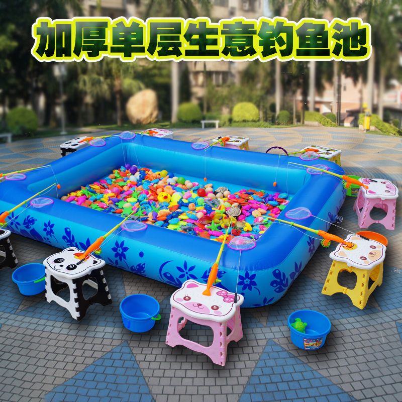 thickened children‘s fishing pool toy suit magnetic fishing rod water playing inflatable square business stall single layer large hook