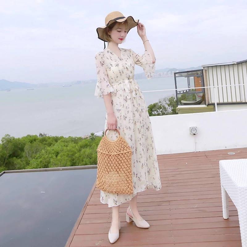 floral chiffon dress female summer new spring long dress students korean style waist slimming plus size fairy dress