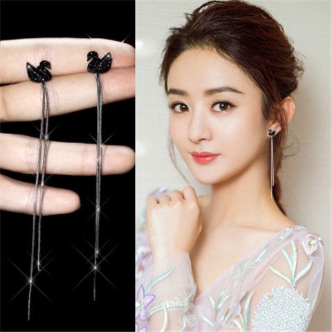 two wearing methods black swan earrings long fringed earring thread short all-match ear studs fashion simple eardrops earrings