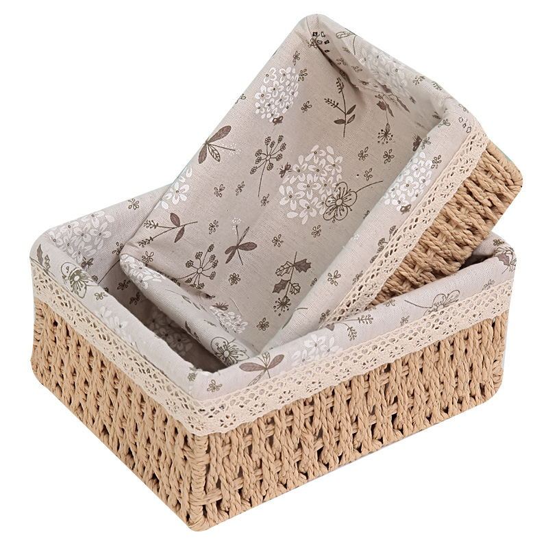 straw woven storage basket rattan woven cosmetics storage box sundries toy key basket fabric desktop end table snack basket