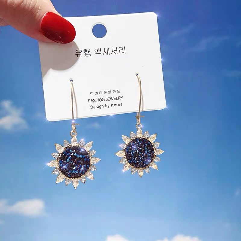 internet celebrity sunflower blue crystal high-grade earrings flower female temperament super shiny earrings korean earrings simple ear hanging