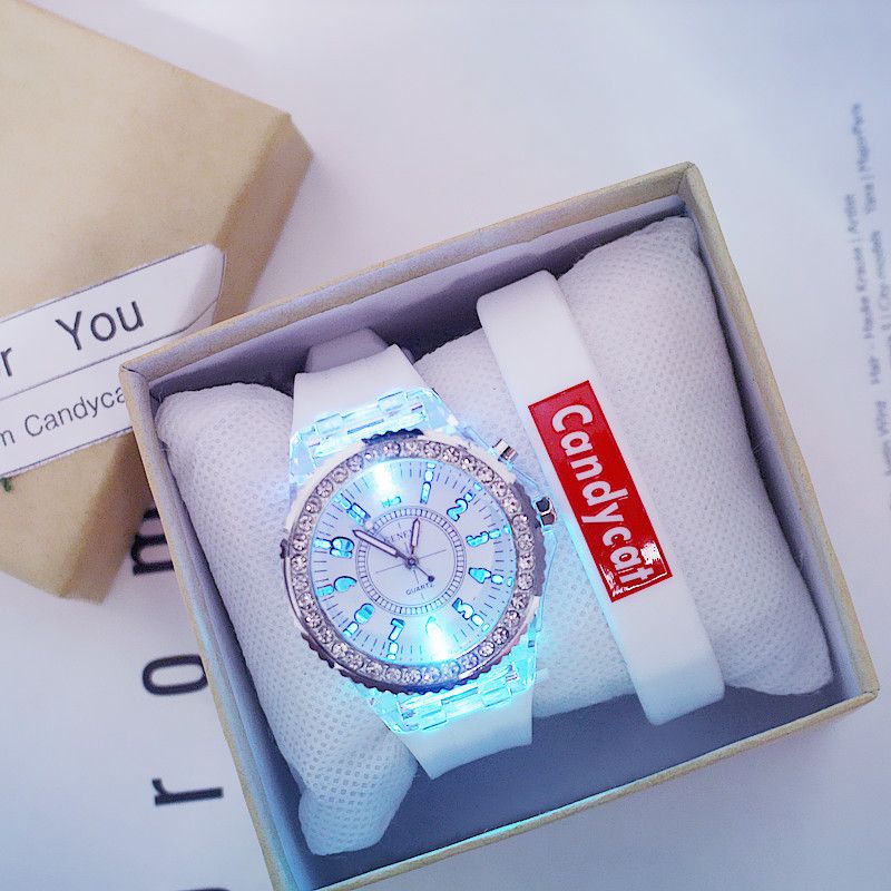 Candy Cat Luminous Glow Personalized Rhinestone Led Korean Trendy Fashionable Man Female Student Couple Jelly Quartz Watch