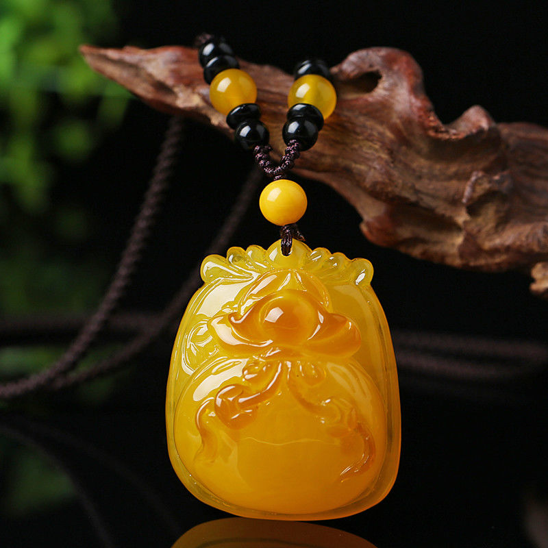 Yellow Chicken Grease Old Beeswax Pendant Amber Necklace Men's and Women's Ethnic Style Retro Peace Buckle Water Drop Sweater Chain Long