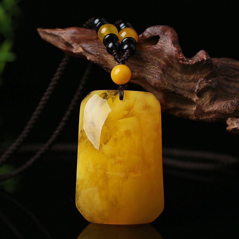 Yellow Chicken Grease Old Beeswax Pendant Amber Necklace Men's and Women's Ethnic Style Retro Peace Buckle Water Drop Sweater Chain Long