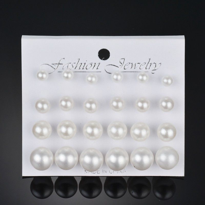 simple classic all-match large small size pearl stud earrings value pack 12 pairs white card pack auricular needle ball earrings