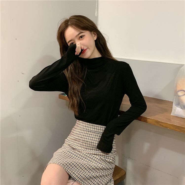 Autumn and Winter New Slim Fit Slimming Pure Color All-Matching Half Turtleneck Bottoming Shirt Women's Long-Sleeved T-shirt Internet Hot Top Ins Fashion