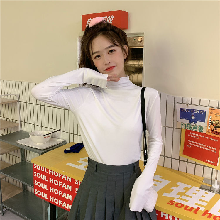 Autumn and Winter New Slim Fit Slimming Pure Color All-Matching Half Turtleneck Bottoming Shirt Women's Long-Sleeved T-shirt Internet Hot Top Ins Fashion