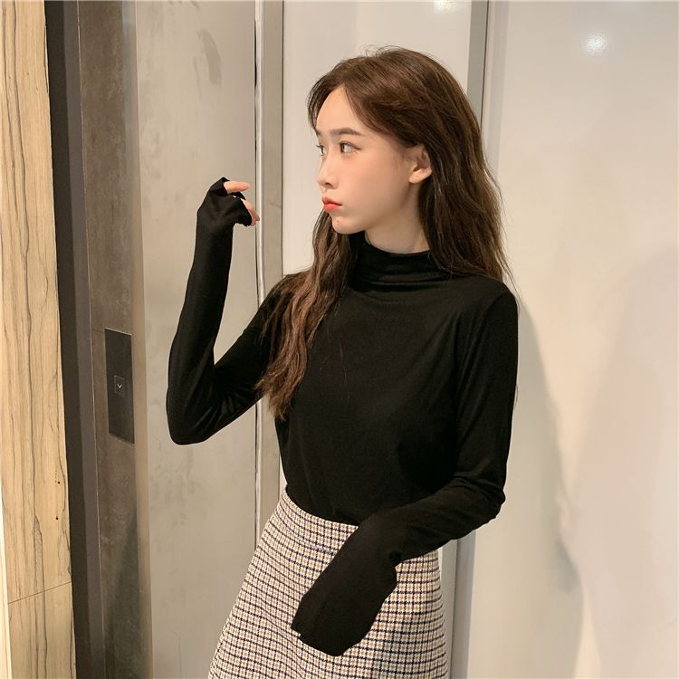 Autumn and Winter New Slim Fit Slimming Pure Color All-Matching Half Turtleneck Bottoming Shirt Women's Long-Sleeved T-shirt Internet Hot Top Ins Fashion