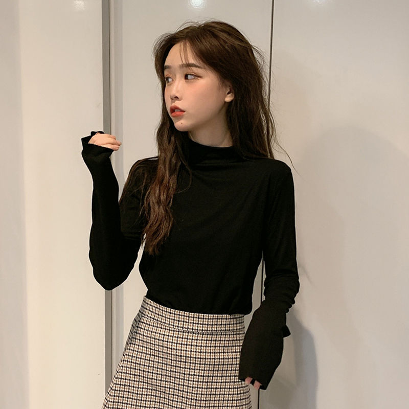 Autumn and Winter New Slim Fit Slimming Pure Color All-Matching Half Turtleneck Bottoming Shirt Women's Long-Sleeved T-shirt Internet Hot Top Ins Fashion