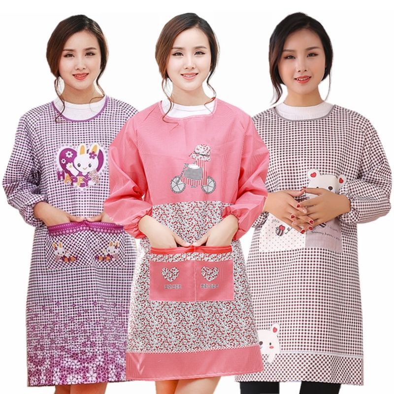 Korean Style Apron Women's Long Sleeve Anti-Fouling Oil-Proof Men's and Women's Overclothes Bib Waist Skirt Kitchen Cooking Mom Wear Work