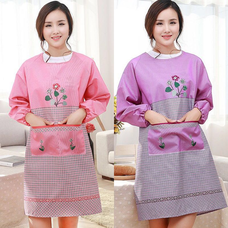 Korean Style Apron Women's Long-Sleeved Oil-Proof Kitchen Overclothes Cute Waist Skirt Work Clothes Household Breathable Mom Clothes