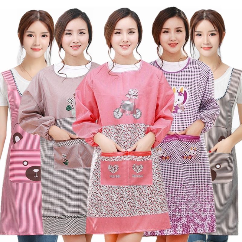 Korean Style Apron Women's Long-Sleeved Oil-Proof Kitchen Overclothes Cute Waist Skirt Work Clothes Household Breathable Mom Clothes