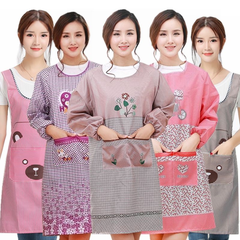 Korean Style Apron Women's Long-Sleeved Oil-Proof Kitchen Overclothes Cute Waist Skirt Work Clothes Household Breathable Mom Clothes