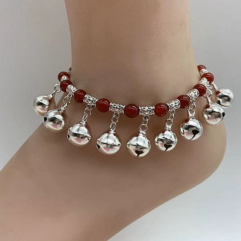 Dance Tibetan Silver Bell with Sound Red Agate Red Rope Braid Anklet Female Retro Ethnic Style Simple Student