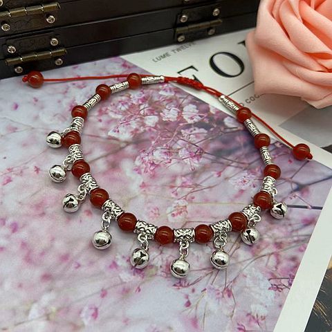 Dance Tibetan Silver Bell with Sound Red Agate Red Rope Braid Anklet Female Retro Ethnic Style Simple Student