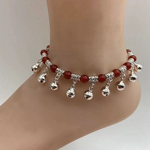Dance Tibetan Silver Bell with Sound Red Agate Red Rope Braid Anklet Female Retro Ethnic Style Simple Student