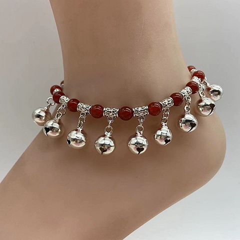 Dance Tibetan Silver Bell with Sound Red Agate Red Rope Braid Anklet Female Retro Ethnic Style Simple Student