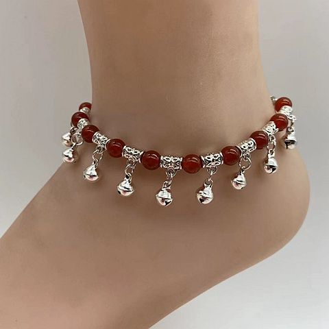 Dance Tibetan Silver Bell with Sound Red Agate Red Rope Braid Anklet Female Retro Ethnic Style Simple Student