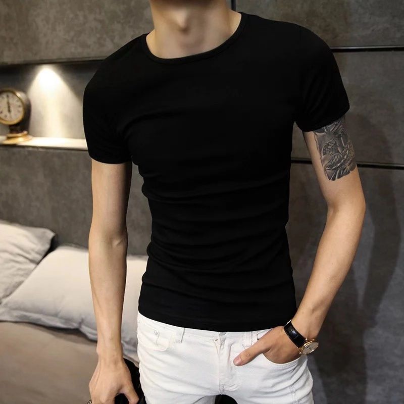 cotton short sleeve men‘s tight t-shirt round neck solid color t-shirt bottoming shirt half sleeve pure black white social guy men