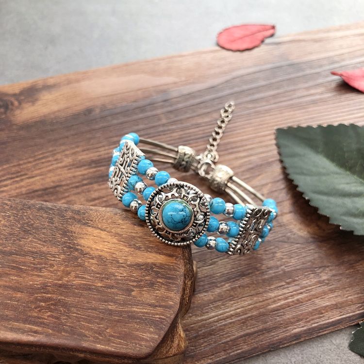 Retro Ethnic Style Handmade Imitation Ornamental Stone Bracelet Versatile Personality Bohemian Tibetan Silver Bracelet Female Bracelet Ornament