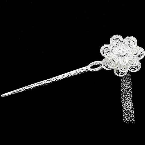 Miao Silver Hairpin Buyao Tassel Classical Ancient Costume Ornament Retro Ethnic Updo Head Fork Peacock Hanfu Antique Hair Clasp