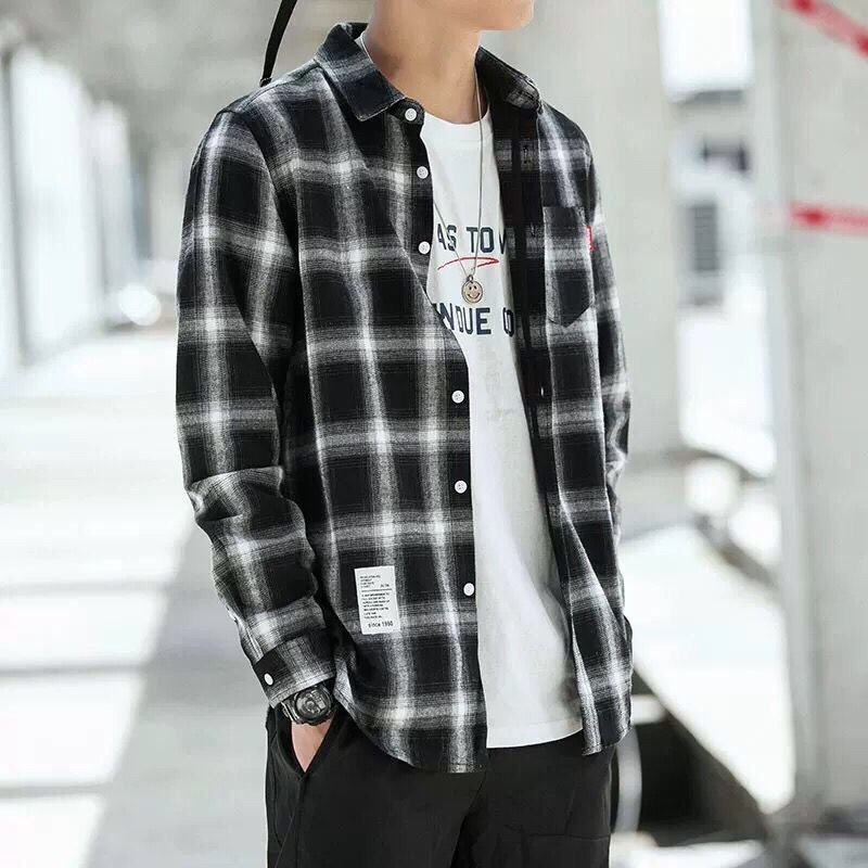 spring and autumn plaid shirt men‘s long-sleeved korean style trendy student handsome thin jacket casual couple shirt