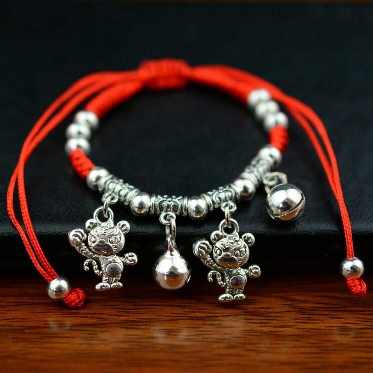 Tibetan Silver Zodiac Silver Bracelet Anklet Animal Year Woven Red Rope Ankle Ring Anklet Foot String Ornament