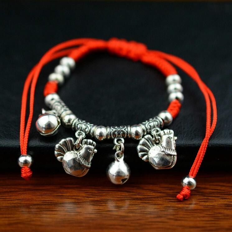 Tibetan Silver Zodiac Silver Bracelet Anklet Animal Year Woven Red Rope Ankle Ring Anklet Foot String Ornament