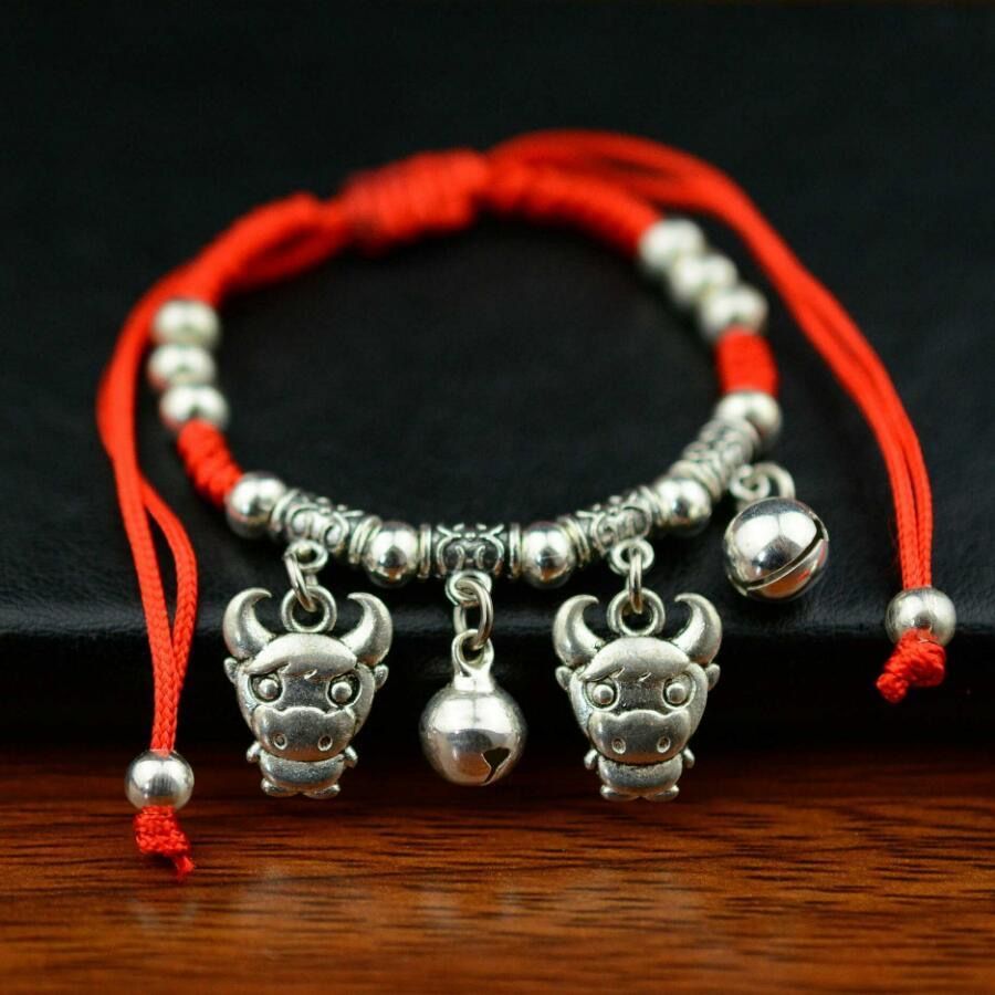 Tibetan Silver Zodiac Silver Bracelet Anklet Animal Year Woven Red Rope Ankle Ring Anklet Foot String Ornament