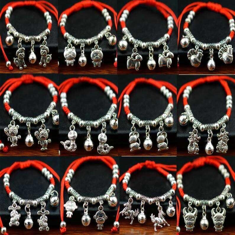 Tibetan Silver Zodiac Silver Bracelet Anklet Animal Year Woven Red Rope Ankle Ring Anklet Foot String Ornament