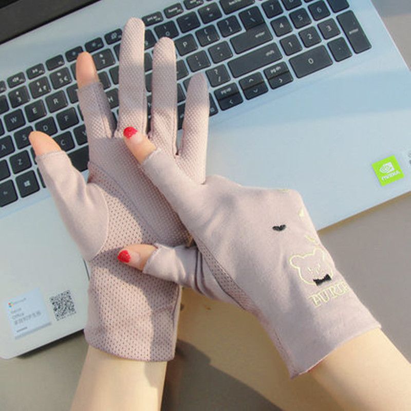 new sun protection half finger gloves female exposed two fingers summer riding fishing non-slip exposed finger hand guard female cotton cute