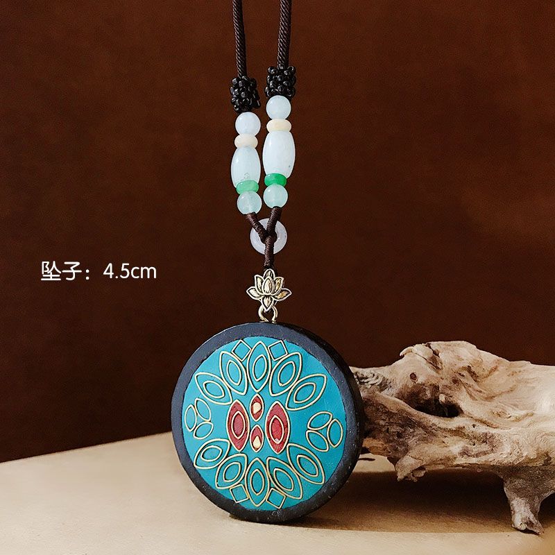 Nepal Ethnic Style Pendant Blackwood Amulet Necklace Men and Women Simple Long Sweater Chain Cotton and Linen Clothes Accessories