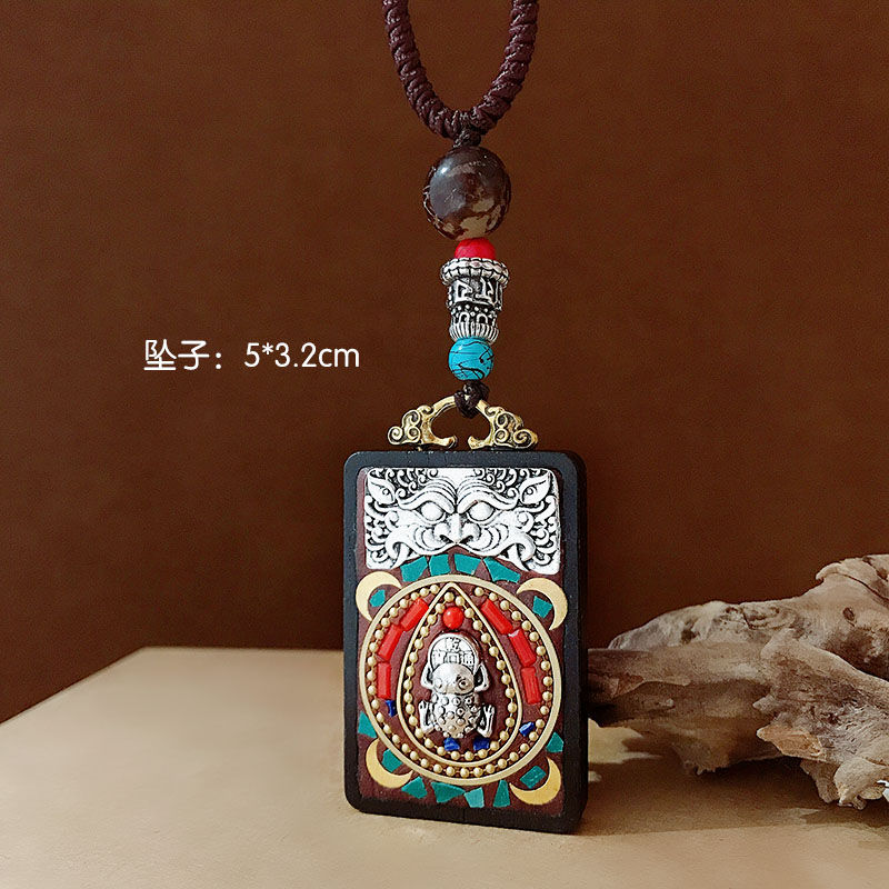 Nepal Ethnic Style Pendant Blackwood Amulet Necklace Men and Women Simple Long Sweater Chain Cotton and Linen Clothes Accessories