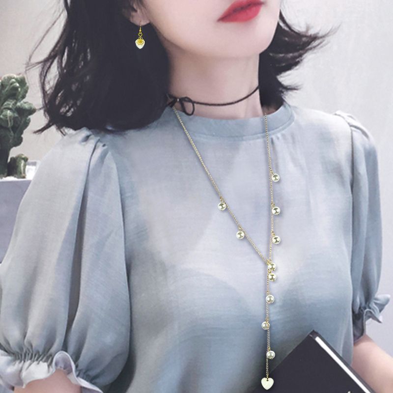 7 Korean Style Flower Long Necklace for Women Ins Non-Fading Asymmetric Crystal Sweater Chain Pearl Girlfriends with Earrings