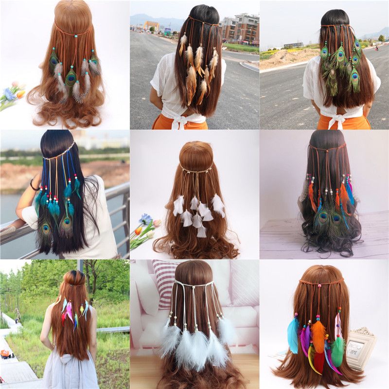 Bohemian Hair Band Hair Rope Ethnic Style Earrings Ethnic Characteristics Tourism Peacock Feather Beach Forehead Lace Forehead Ornament