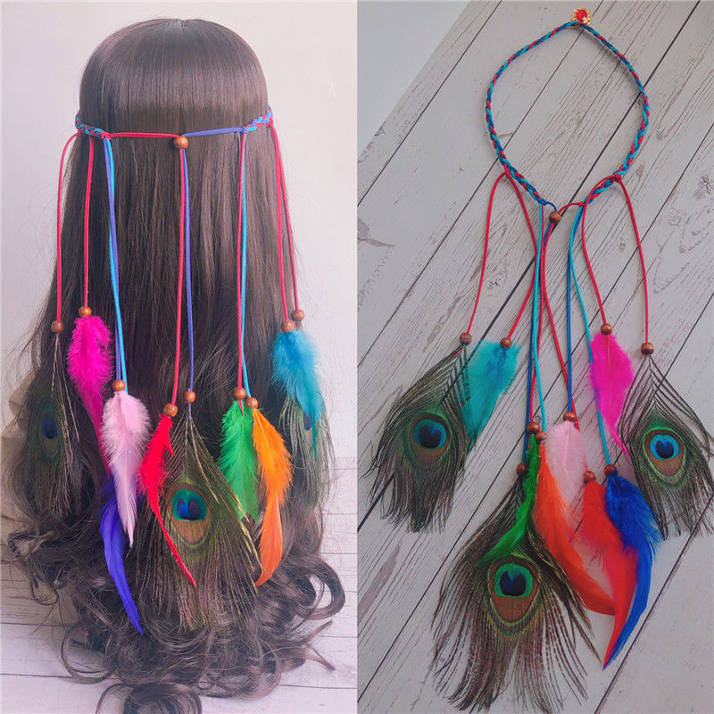 Bohemian Hair Band Hair Rope Ethnic Style Earrings Ethnic Characteristics Tourism Peacock Feather Beach Forehead Lace Forehead Ornament