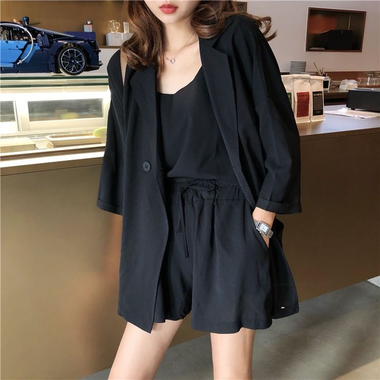 37797-2021春夏新款韩版女神范时尚三件套小吊带西装外套高腰短裤套装女-详情图