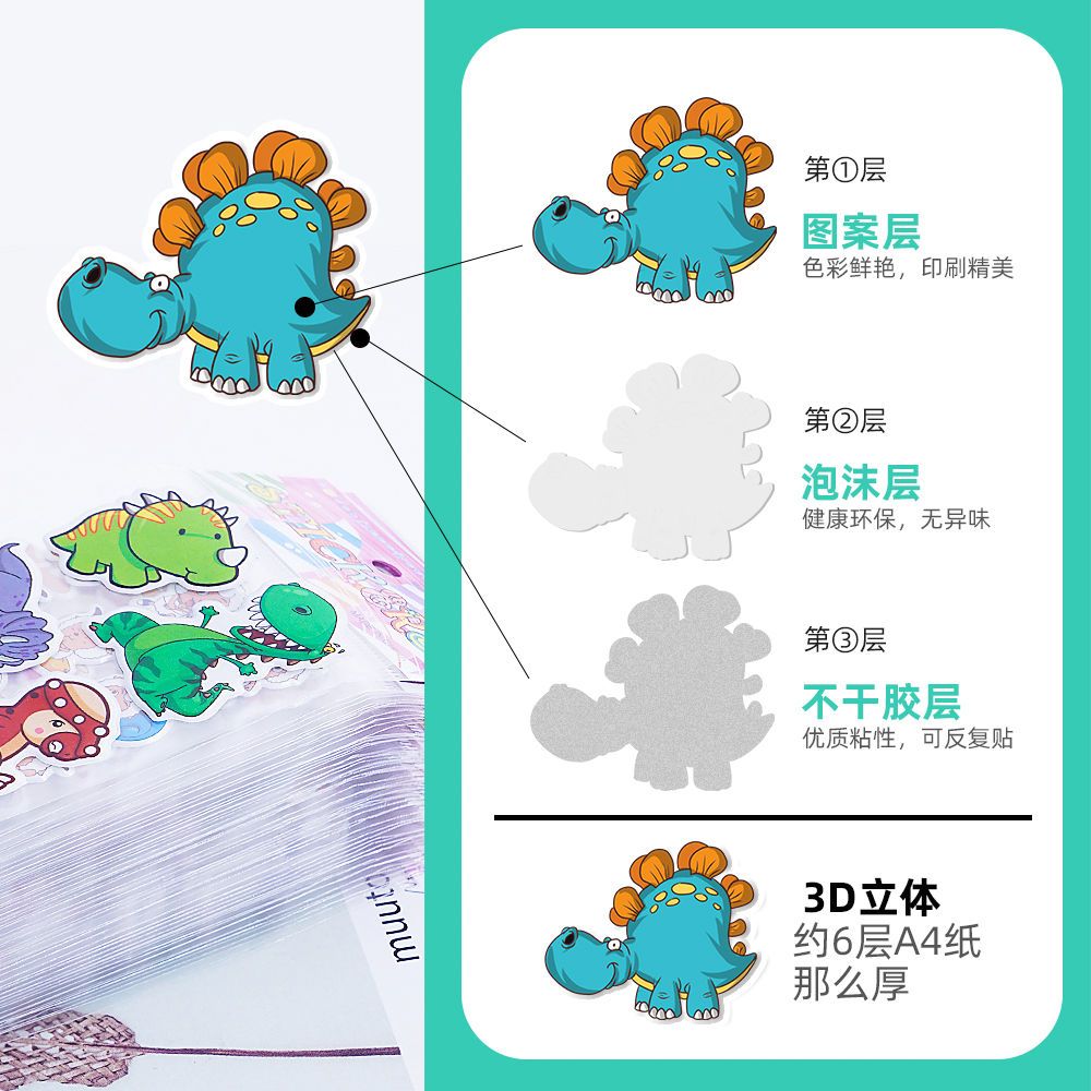 Cartoon Stickers Children's Stickers 3D Bubble Dinosaur Early Childhood Education Reward Baby Boy Girl Paste