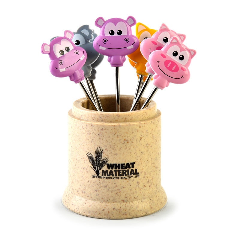Fruit Fork Set Creative Cute Children Baby Stainless Steel Household Cartoon Plastic Wheat Fork Storage Jar