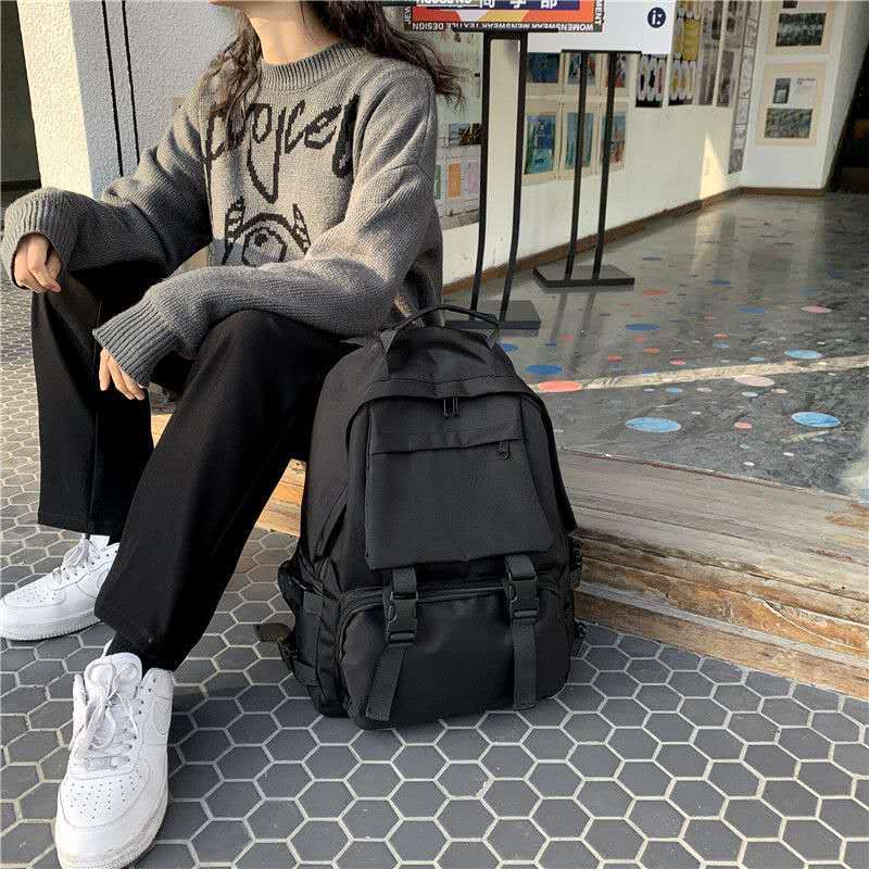 hong kong style neutral fashion-black schoolbag female college student korean backpack male middle school students‘ backpack large capacity schoolbag