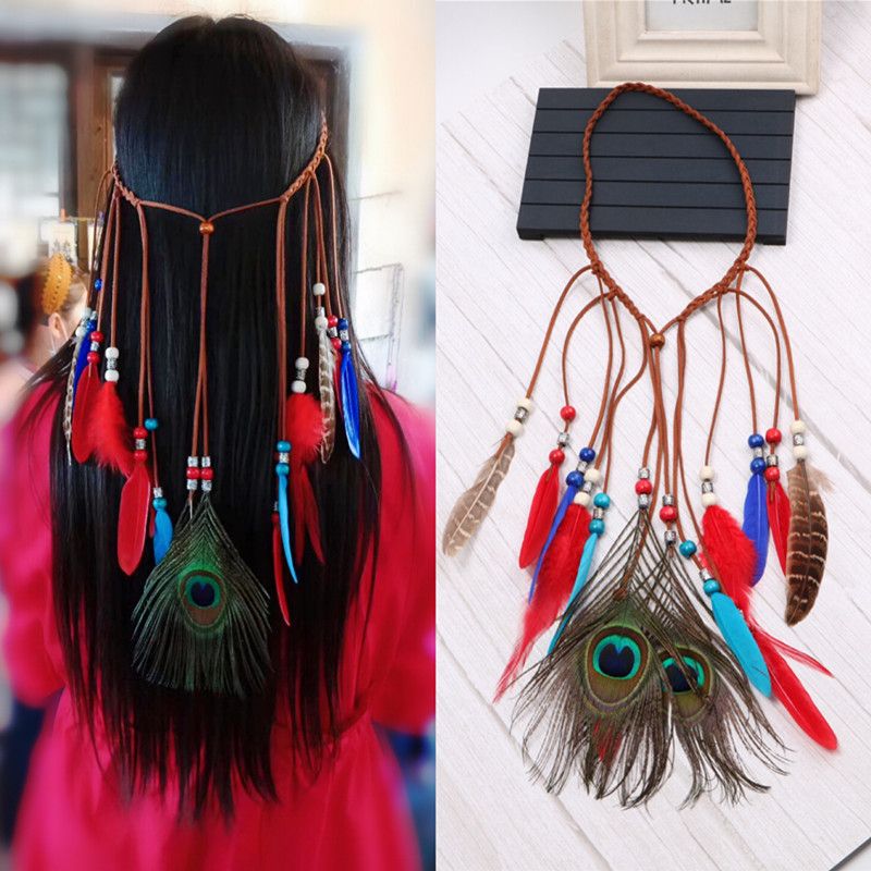 Bohemian Hair Band Hair Rope Ethnic Style Earrings Ethnic Characteristics Tourism Peacock Feather Beach Forehead Lace Forehead Ornament