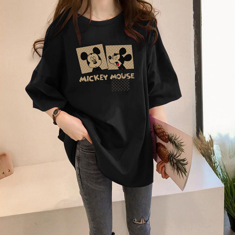 cotton plump girls new short-sleeved t-shirt women‘s mid-length loose large size 100.00kg chic color slimming top half sleeve t-shirt