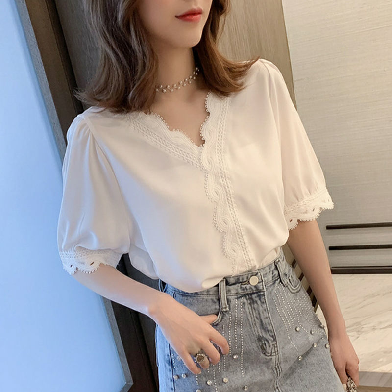 shirt women‘s design sense niche top 3/4 sleeve loose korean style summer t-shirt lace chiffon patchwork shirt ins